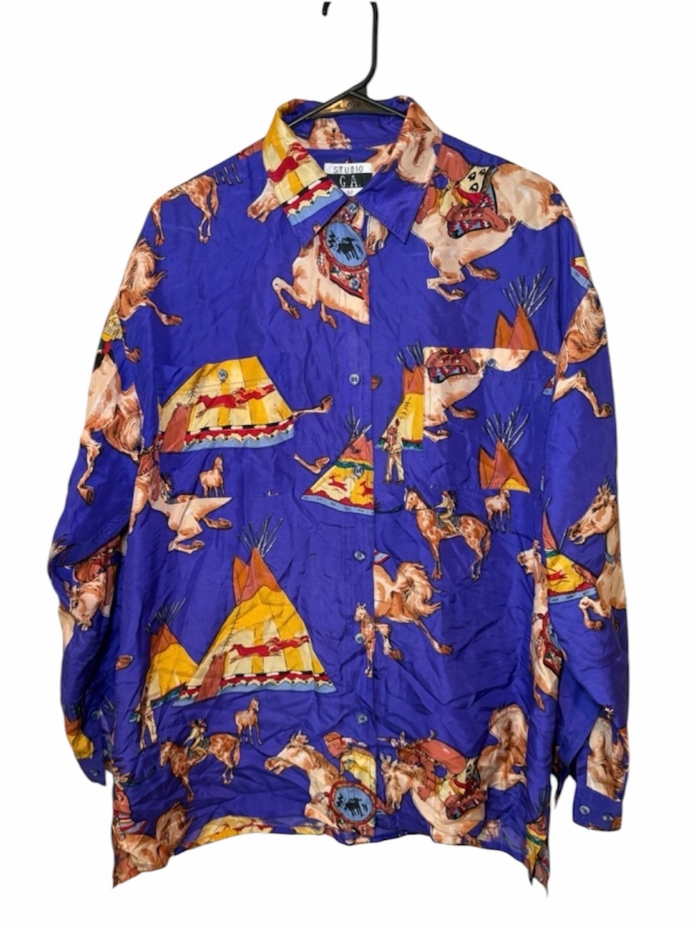 Vintage 100% Silk Western Print Purple Teepee Horse Shirt by Studio GA Size L